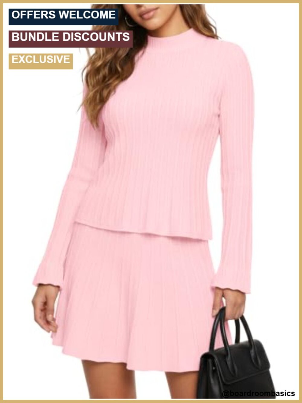 2 Piece Skirt Set Long Sleeve Mockneck Ribbed Knit Sweater Pleated Mini Skirt